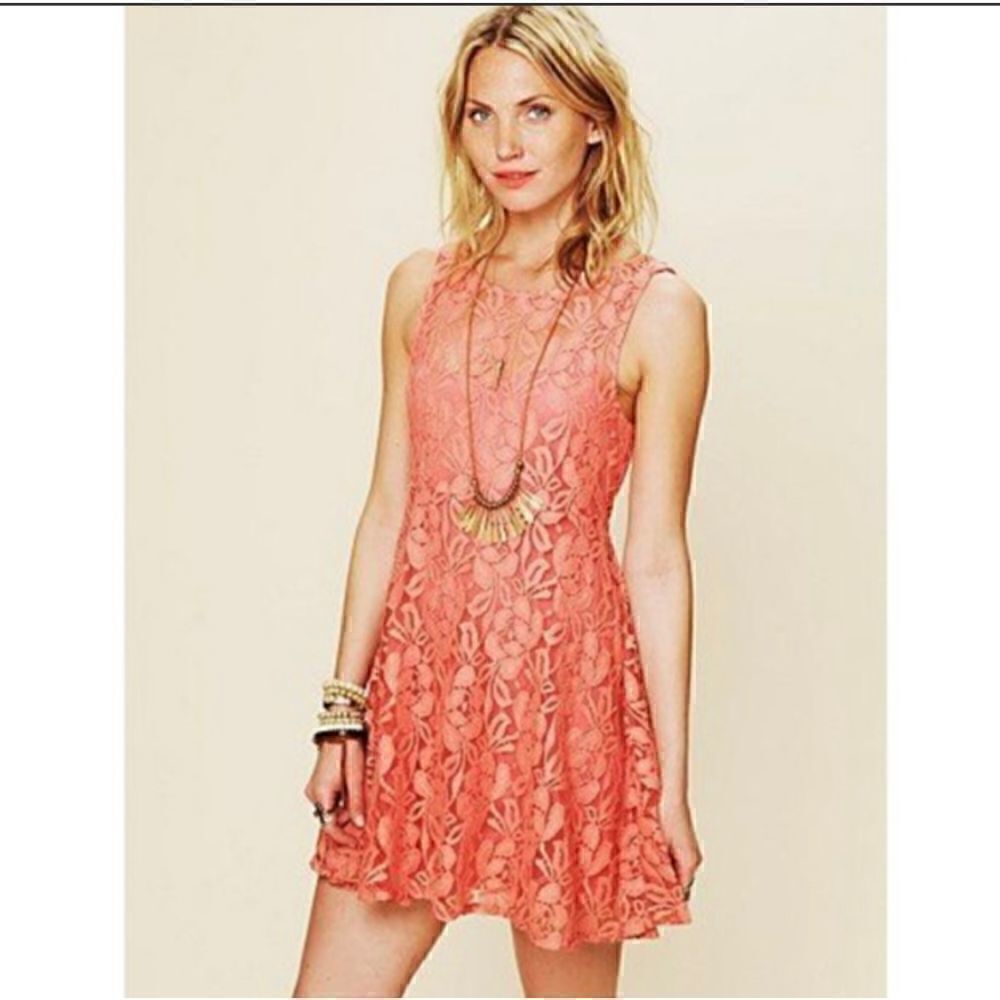 Free People Coral Miles of Lace A-Line Mini Dress